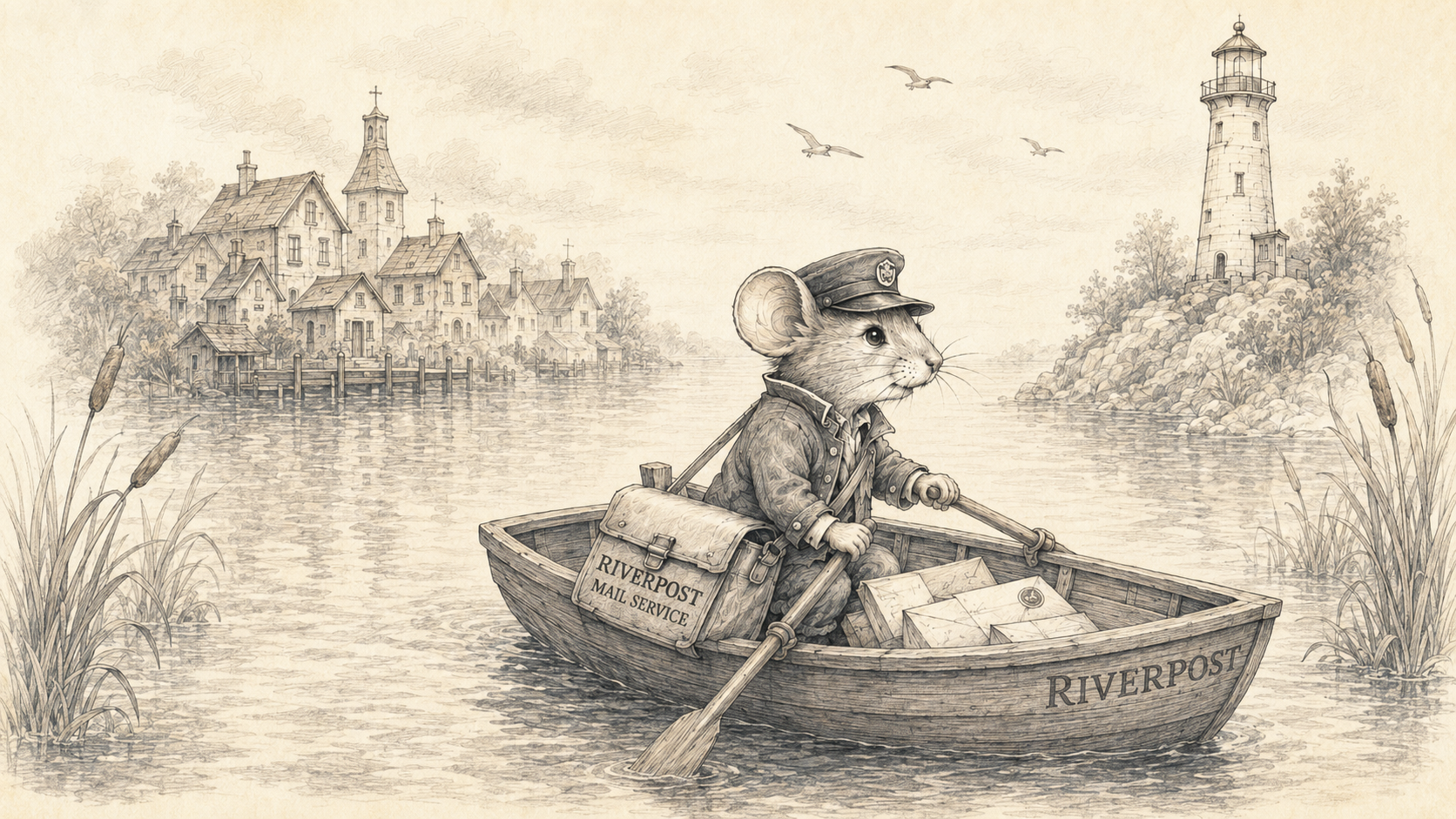 Marlowe Quickpaw rowing the Riverpost mailboat between the village and the lighthouse