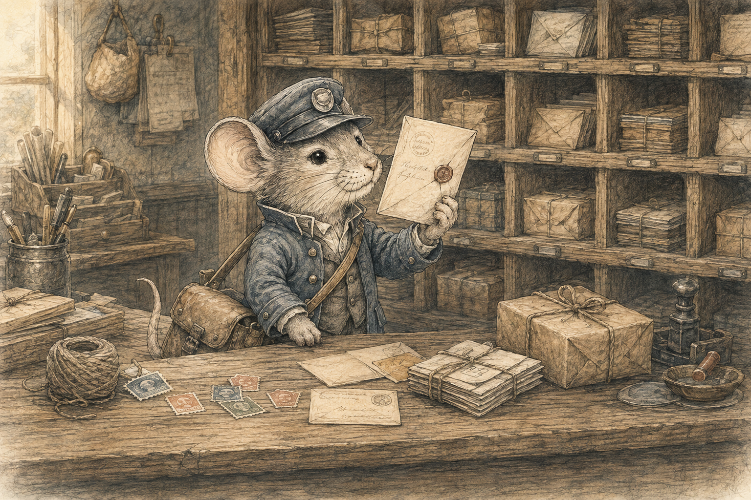 Marlowe sorting letters at the Riverpost Post Office